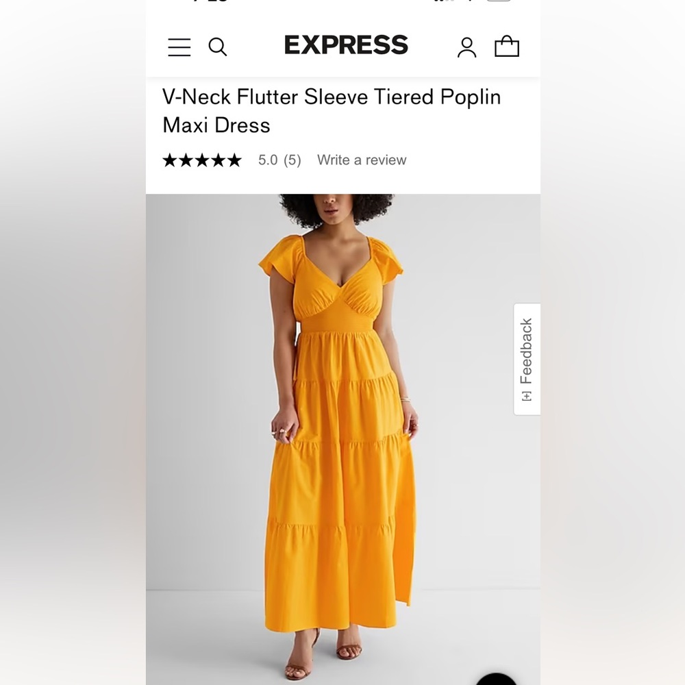 Express Yellow V-Neck Flutter Sleeve Tiered Poplin Maxi Dress